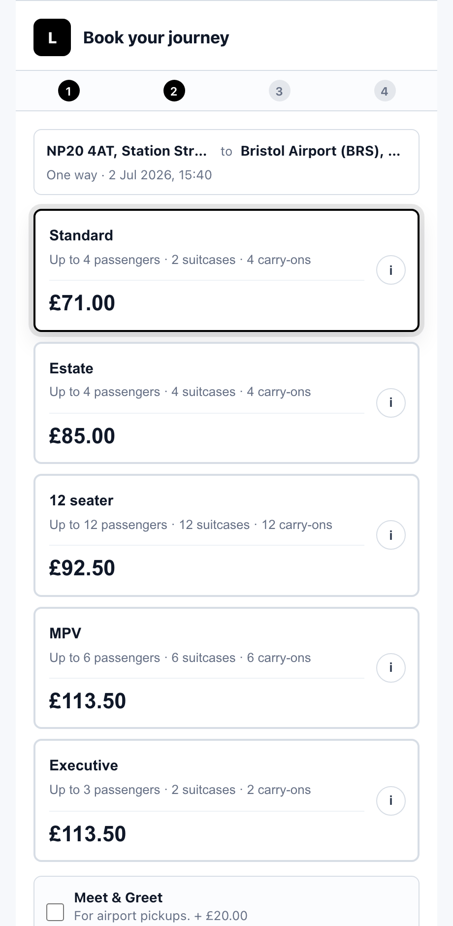 The real booking form showing live vehicle prices for Newport to Bristol Airport