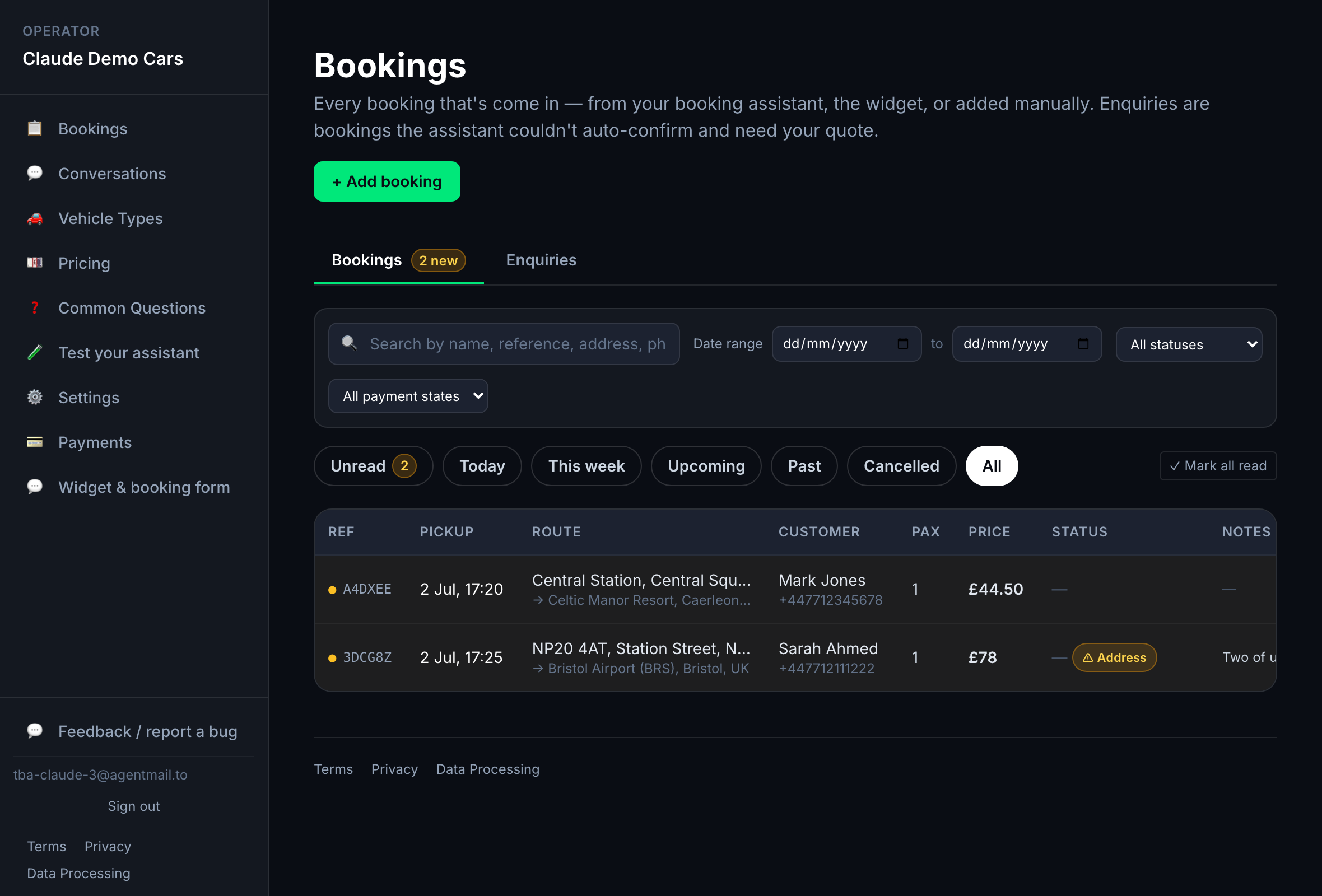 The real operator portal — bookings list with live jobs