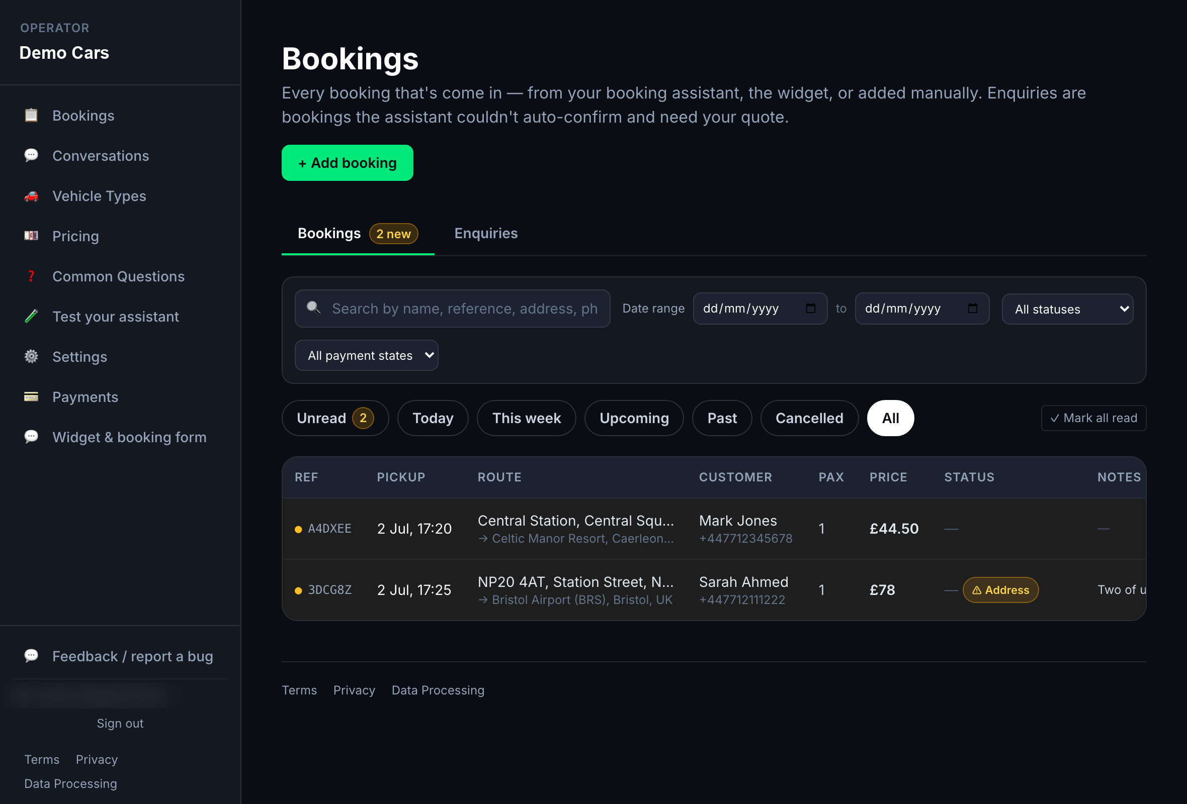 The real user portal — bookings list with live jobs