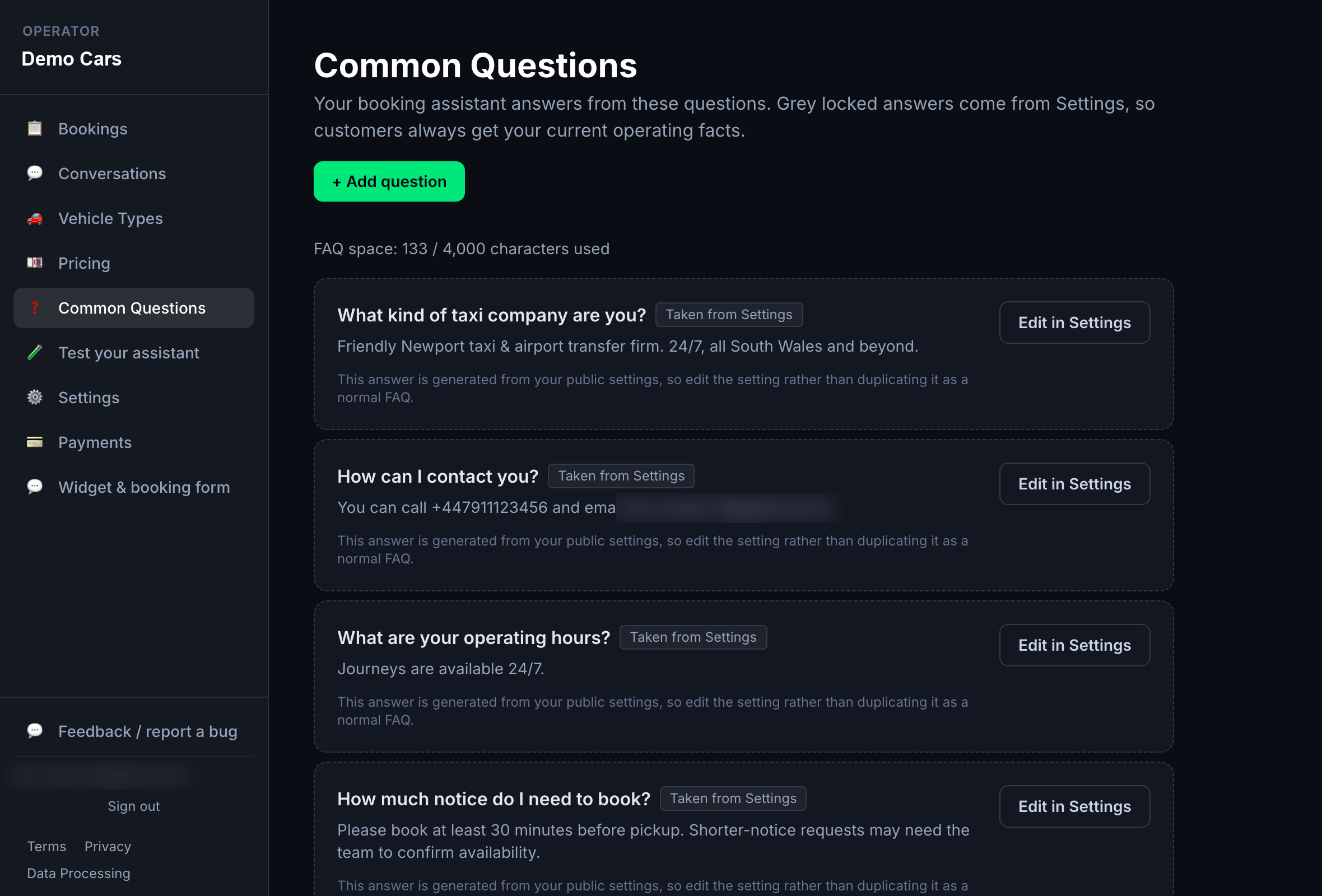 The real Common Questions page in the user portal